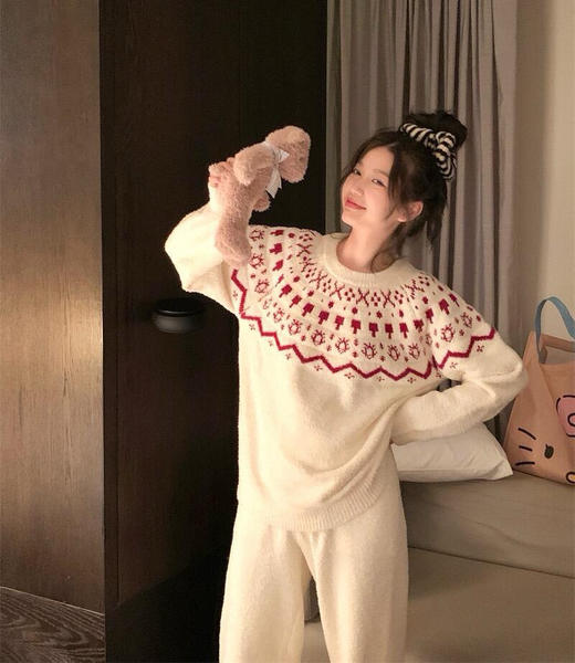 冬日氛围感～费尔岛纹半边绒新年圣诞红色套头睡衣女秋冬甜美软糯家居服套装 商品图4