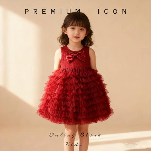 Hania2026年新年 女童红色网纱连衣裙秋季新款女宝宝甜美风蝴蝶结无袖背心裙90-140★ 商品图0