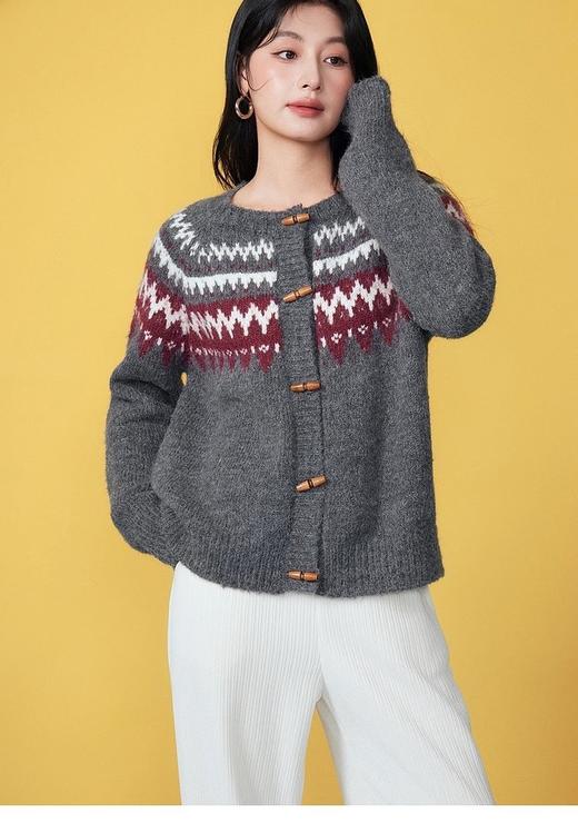 🔥  寒冬腊月，气温渐低，一抹热烈的红，就让人心生暖意。【复古撞色氛围感牛角扣羊毛毛衣开衫 J1734】颜值一下子击中了我，面料也是毛衣党的爱——摸起来软软糯糯，穿上去挺立有型。 商品图2