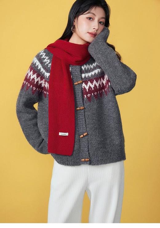 🔥  寒冬腊月，气温渐低，一抹热烈的红，就让人心生暖意。【复古撞色氛围感牛角扣羊毛毛衣开衫 J1734】颜值一下子击中了我，面料也是毛衣党的爱——摸起来软软糯糯，穿上去挺立有型。 商品图3