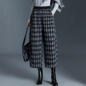 松紧腰格纹加绒弯刀裤，遮胯宽松休闲八分裤QYM25886