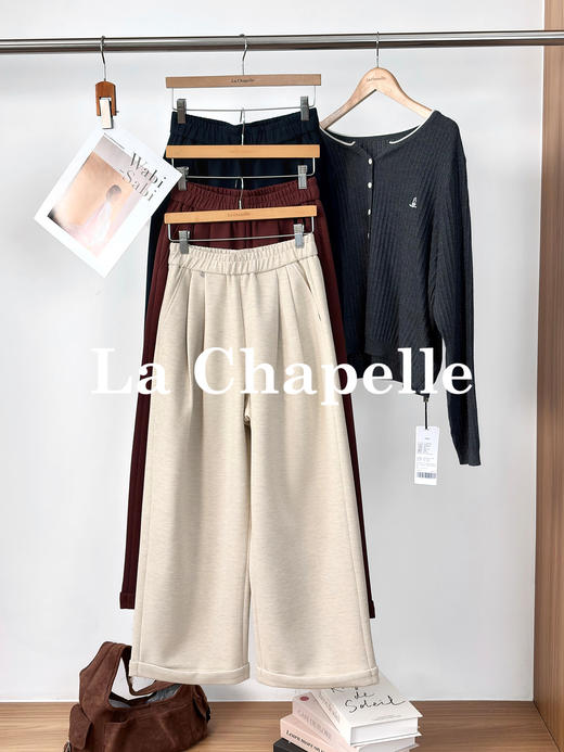 专柜实拍【毛呢阔腿裤】拉夏贝尔/La Chapelle松紧腰压褶卷边休闲裤女厚实有型垂坠感绵羊毛长裤 商品图2