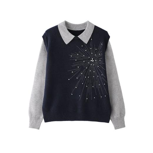 CC重工烫钻假两件翻领2025秋冬保暖针织衫女灰色设计感叠穿打底衫厚 商品图4