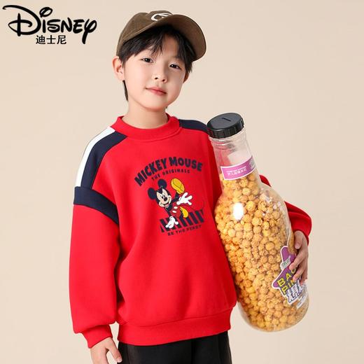迪士尼男童红色上衣加绒加厚冬季儿童一体绒卫衣男大童拜年服冬装 商品图4