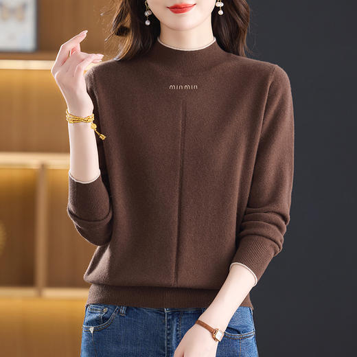 CC100纯羊毛半高领简约刺绣针织衫女秋冬新款百搭保暖羊毛打底毛衣 商品图0