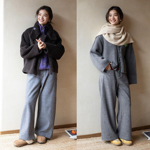 绽放044朵/羊毛混纺花纱毛呢直筒长裤百搭松弛感双面呢休闲裤新款 商品图3