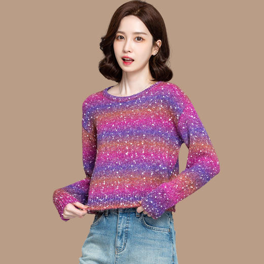 CC设计感圆领条纹撞色毛衣女短款秋冬2025新款套头针织打底衫好看女 商品图2