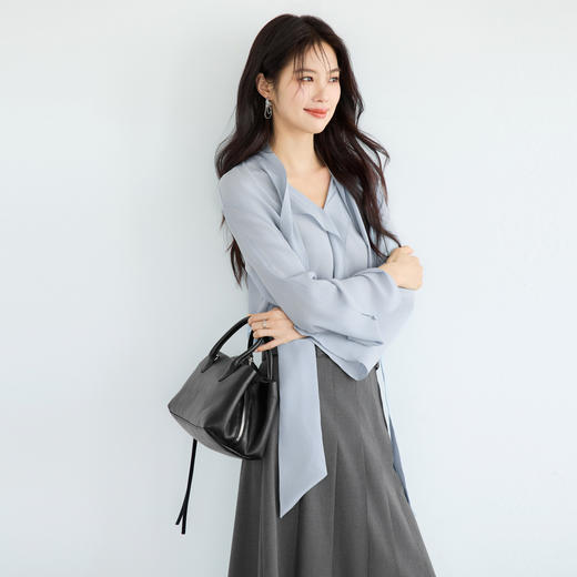 BSJ【严选】伊芙丽真丝飘带荷叶边衬衫女2026春季新款百搭休闲优雅温柔小上衣1H1920311Q 商品图4