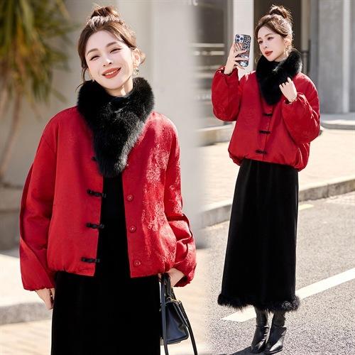 爆款超好看红色洋气外套，新中式真狐狸毛短款羽绒（配真毛领）HR-RSLD2871 商品图1