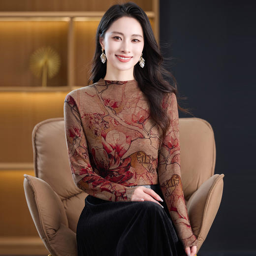 丁摩时尚年轻100水溶超细纯羊毛毛衣 春秋圆领洋气水性印花亲肤打底衫ALW3957 商品图1