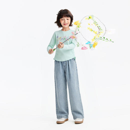【精致甜酷牛仔裤】女童满版提花棉软裤子全腰牛仔单裤春季新款安奈儿童装EG616662 商品图3