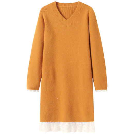 CC蕾丝拼接打底衫秋冬中长款遮屁股上衣洋气加厚V领毛衣裙气质显瘦 商品图4