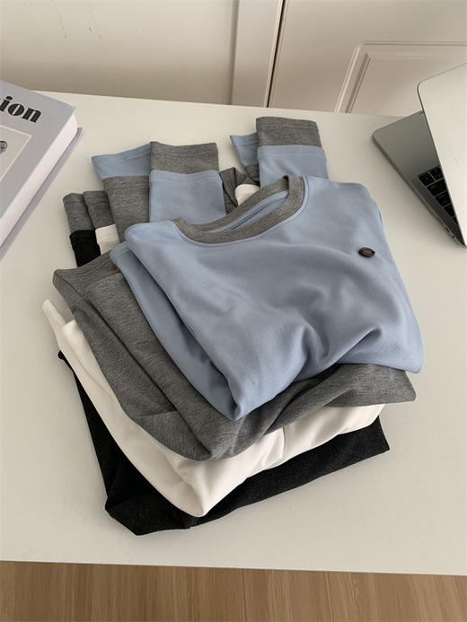 丁摩 拼色圆领长袖抓绒T恤女冬季钉扣仿羊绒加厚打底衫5ZF-3357 商品图2