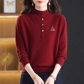 CC100纯羊毛女秋冬套头半高领打底针织衫刺绣长袖毛衣宽松大码上衣