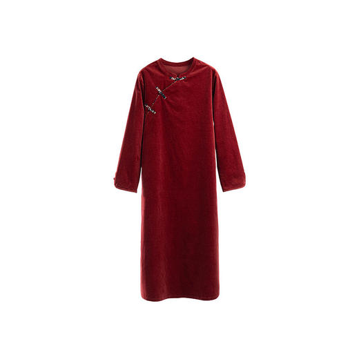 绽放039朵/新中式盘扣纯棉灯芯平绒长袖连衣裙冬新年红色文艺长裙 商品图4