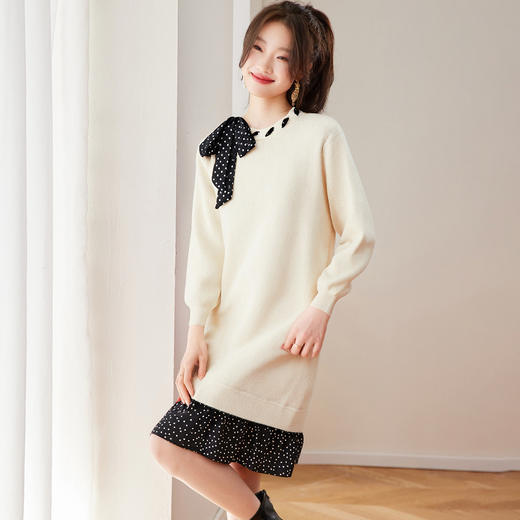 CC轻熟优雅风红色蝴蝶结飘带针织保暖连衣裙女秋冬中长款气质毛衣裙 商品图1