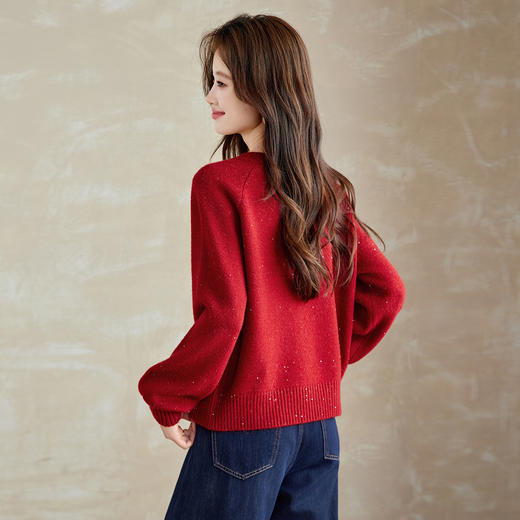 CC慵懒风圆领毛衣女套头秋冬宽松红色针织衫设计感小个子气质打底衫 商品图1
