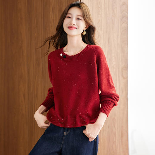 CC慵懒风圆领毛衣女套头秋冬宽松红色针织衫设计感小个子气质打底衫 商品图0