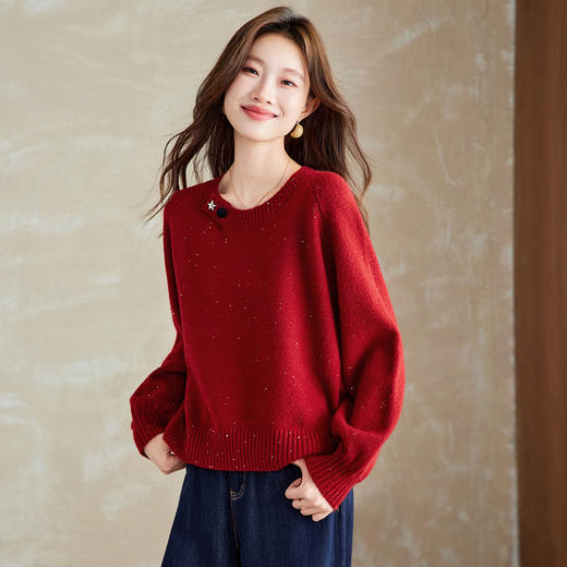CC慵懒风圆领毛衣女套头秋冬宽松红色针织衫设计感小个子气质打底衫 商品图2