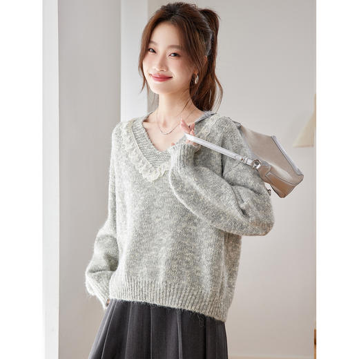CC蕾丝拼接v领毛衣女宽松秋冬外穿宽松慵懒软糯针织衫洋气减龄上衣 商品图2