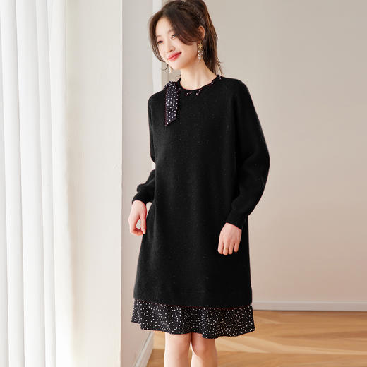 CC轻熟优雅风红色蝴蝶结飘带针织保暖连衣裙女秋冬中长款气质毛衣裙 商品图2