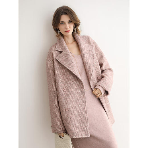 COCOBELLA气质人字纹翻领大衣秋冬英伦风冬毛呢外套WL3217-2 商品图1