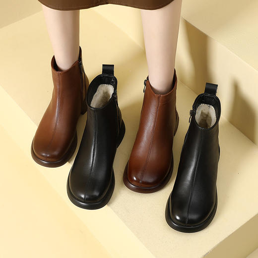 丁摩 雪地靴女秋冬真皮后拉链英伦厚底羊毛里粗跟百搭大码短靴5ZF-9979 商品图1
