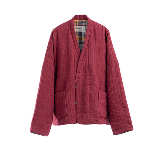 特绽放037朵/故里棉衣·色织亚麻斜襟内拼格纹里布长袖棉服厚外套 商品图4