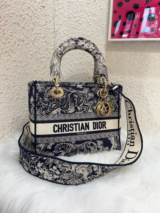 Dior 黑色 茹伊印花拼刺绣logo 帆布  五格 动物图案 戴妃包 商品图0