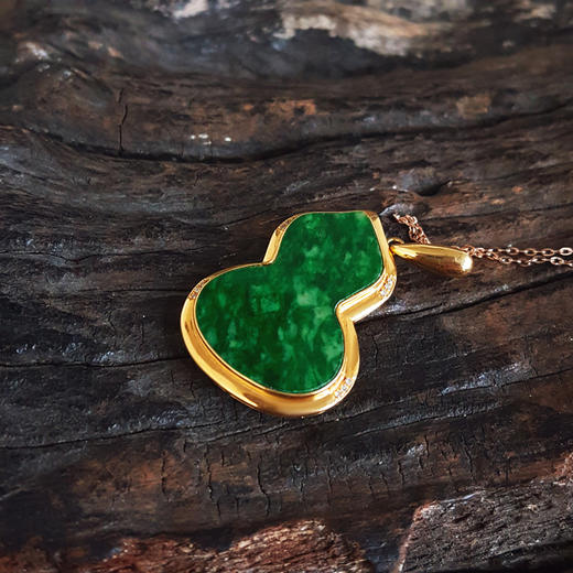 【天然正品】A货翡翠AU750黄金镶钻镶天然细腻满绿细豆种葫芦（福禄平安）翡翠吊坠项链26.6*19.4*3.7MM(皆取最大值)链长：45CM（长度可调节） 171225NJS45 商品图5