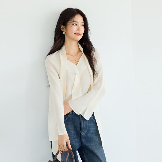 BSJ【严选】伊芙丽真丝飘带荷叶边衬衫女2026春季新款百搭休闲优雅温柔小上衣1H1920311Q 商品图3