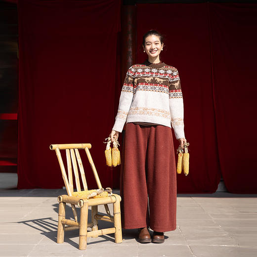 特绽放080朵/马年提花全羊毛圆领长袖套头毛衣新款设计感文艺毛衫 商品图2