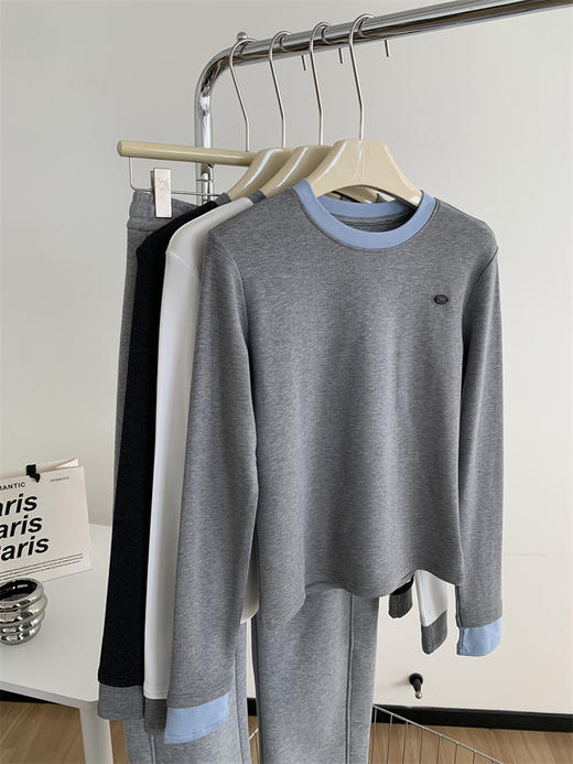 丁摩 拼色圆领长袖抓绒T恤女冬季钉扣仿羊绒加厚打底衫5ZF-3357 商品图0