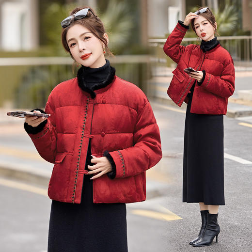 新中式刺绣水貂毛红色羽绒服，欧货洋气独特漂亮外套HR-YQH99958 商品图1