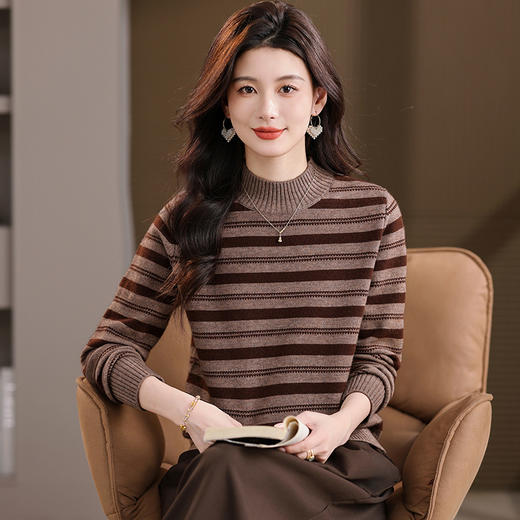 CC半高领条纹毛衣女秋冬季2025新款厚款保暖妈妈打底衫洋气内搭上衣 商品图3