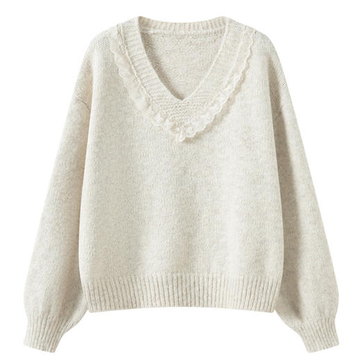 CC蕾丝拼接v领毛衣女宽松秋冬外穿宽松慵懒软糯针织衫洋气减龄上衣 商品图4