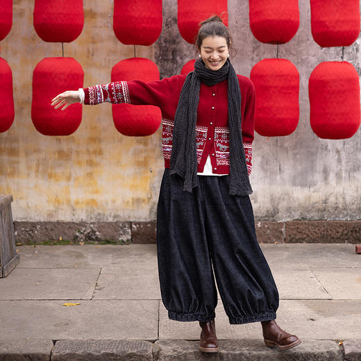 绽放042朵/牛仔灯芯绒全腰松紧脚口捏褶收口阔腿裤新款百搭休闲裤 商品图1