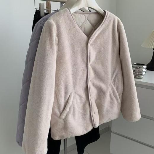 丁摩 两面穿保暖菱格棉服外套女冬季气质显瘦圆领加绒排扣羊毛夹层上衣5ZF-356 商品图3