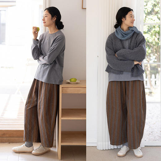 绽放032朵/棉麻色织鱼骨纹廓形感长裤复古文艺松弛感休闲裤弯刀裤 商品图1