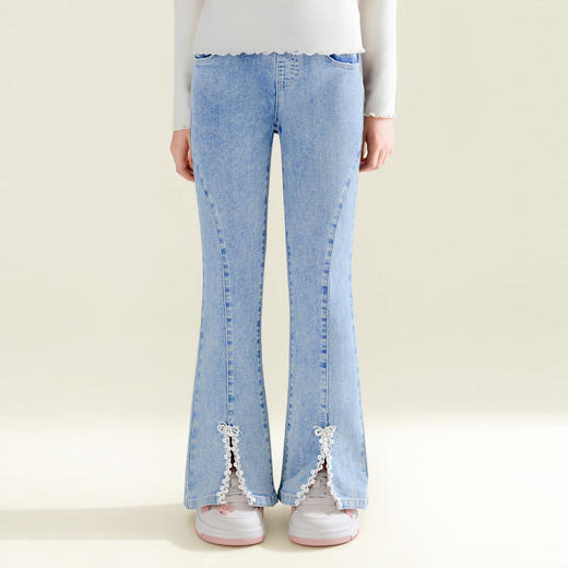 笛莎Deesha 童装女童裤子2026春新款甜美花边花边喇叭牛仔裤 商品图0