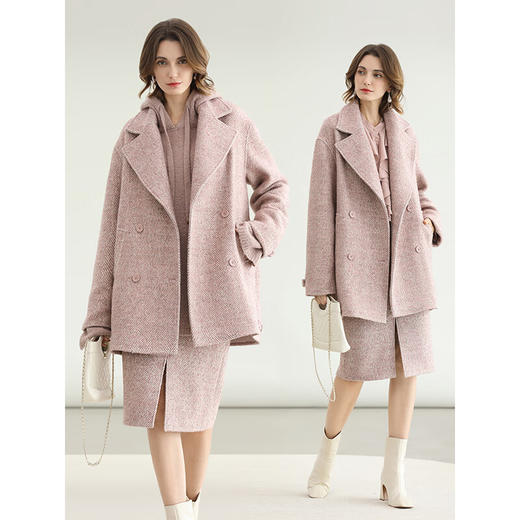 COCOBELLA气质人字纹翻领大衣秋冬英伦风冬毛呢外套WL3217-2 商品图2