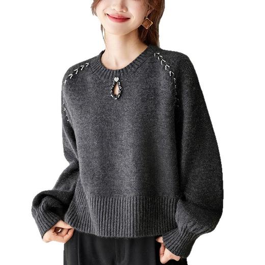 CC宽松短款毛衣女漂亮减龄上衣2025新款冬装灰色圆领保暖打底衫显瘦 商品图4