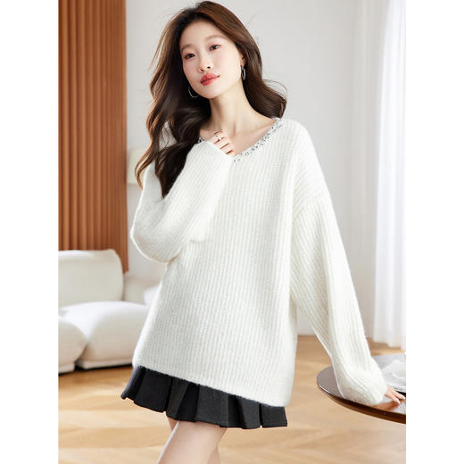 CC红色本命年慵懒风v领针织衫女秋冬大码宽松毛衣遮屁股小个子上衣 商品图1