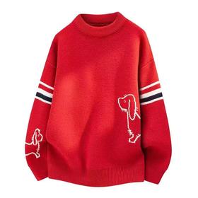 D123014新款红白蓝拼接小狗圆领针织衫男女同款毛衣
