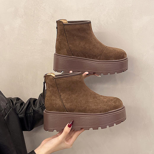 秋冬新款小个子增高马丁靴女舒适百搭后拉链加绒保暖厚底短靴棉靴 商品图1