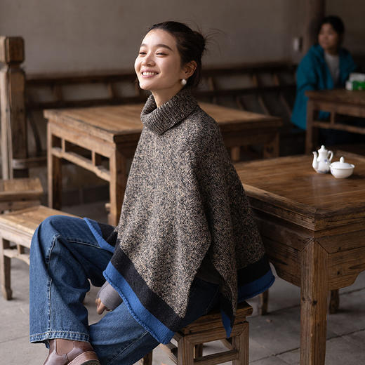 绽放068朵/魔法套头披肩·羊毛羊绒重磅花纱撞色高领套头毛针织衫 商品图1