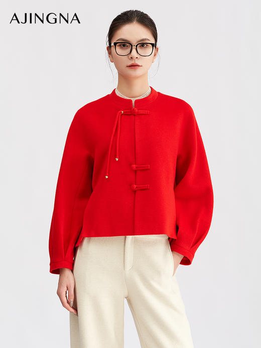 【商场同款】阿菁娜冬季新款盘扣坠扣针织衫插肩薄背设计喇叭袖中式雅致小众上衣A30D107027 商品图1