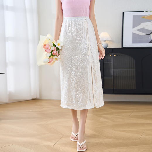 米思阳 夏季新款轻奢简约半身裙高腰修身亮片设计包臀裙女1676 商品图2