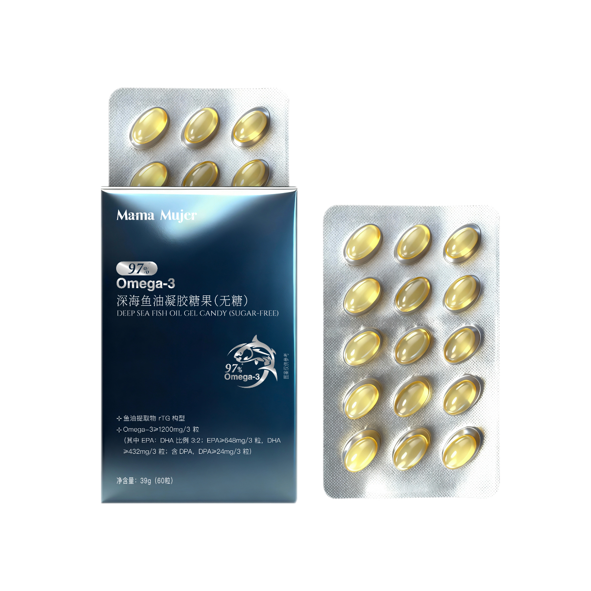 Mama Mujer 秘鲁Y疗级鱼油 97%高纯度 EPA 血管炎老化 降甘油三酯 降TG脂标 抗硬化稳斑块 手脚冰冷发麻 心慌胸闷 血脂高 DHA 60粒/盒 MMMJ 国内发货