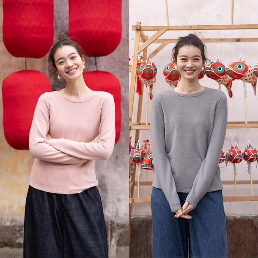 特绽放023朵/可靠双面绒T·双面德绒圆领正常肩长袖T恤显瘦打底衫 商品图0